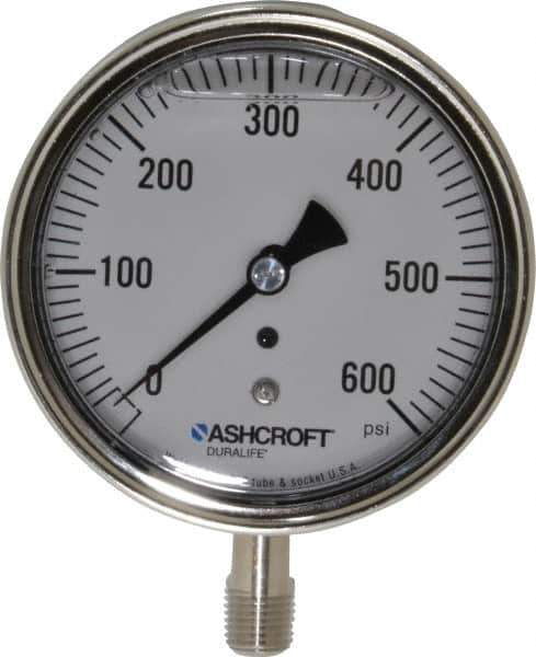 Ashcroft - 3-1/2" Dial, 1/4 Thread, 0-600 Scale Range, Pressure Gauge - Lower Connection Mount, Accurate to 1% of Scale - Apex Tool & Supply