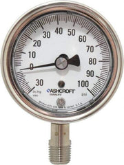 Ashcroft - 2-1/2" Dial, 1/4 Thread, 30-0-100 Scale Range, Pressure Gauge - Lower Connection Mount, Accurate to 1% of Scale - Apex Tool & Supply