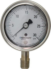 Ashcroft - 2-1/2" Dial, 1/4 Thread, 0-30 Scale Range, Pressure Gauge - Lower Connection Mount, Accurate to 1% of Scale - Apex Tool & Supply