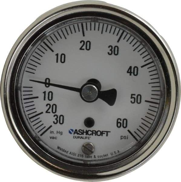 Ashcroft - 2-1/2" Dial, 1/4 Thread, 30-0-60 Scale Range, Pressure Gauge - Center Back Connection Mount, Accurate to 1% of Scale - Apex Tool & Supply