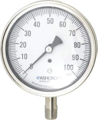 Ashcroft - 3-1/2" Dial, 1/4 Thread, 0-100 Scale Range, Pressure Gauge - Lower Connection Mount, Accurate to 1% of Scale - Apex Tool & Supply