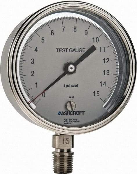 Ashcroft - 3" Dial, 1/4 Thread, 0-15 Scale Range, Pressure Gauge - Lower Connection Mount, Accurate to 0.5% of Scale - Apex Tool & Supply