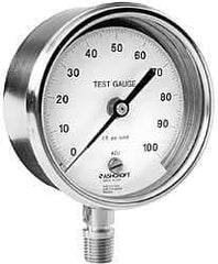 Ashcroft - 3" Dial, 1/4 Thread, 30-0 Scale Range, Pressure Gauge - Lower Connection Mount, Accurate to 0.5% of Scale - Apex Tool & Supply