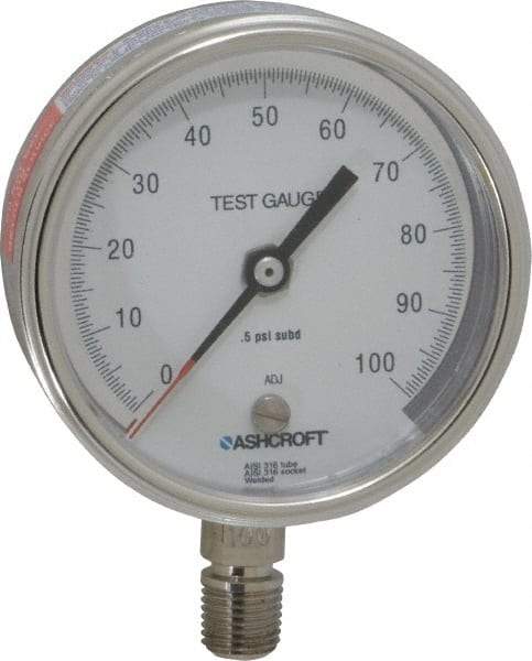 Ashcroft - 3" Dial, 1/4 Thread, 0-100 Scale Range, Pressure Gauge - Lower Connection Mount, Accurate to 0.5% of Scale - Apex Tool & Supply