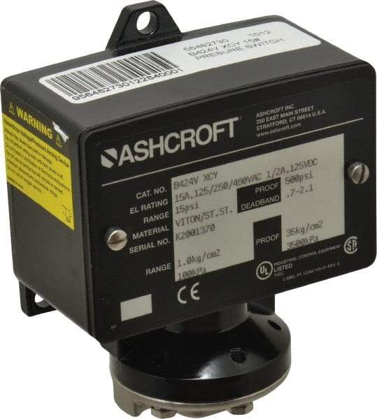 Ashcroft - 3 to 15 psi Adjustable Range, 500 Max psi, Watertight Single Setpoint - 1/4 Thread - Apex Tool & Supply