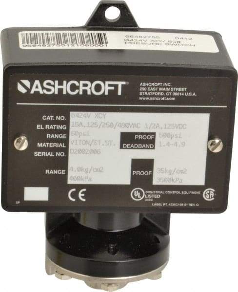 Ashcroft - 9 to 60 psi Adjustable Range, 500 Max psi, Watertight Single Setpoint - 1/4 Thread - Apex Tool & Supply