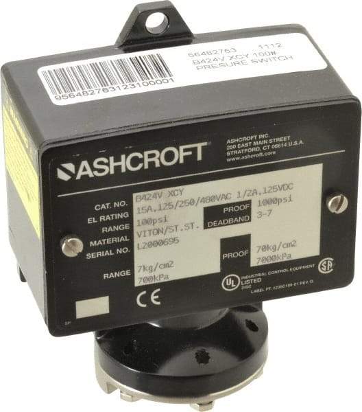 Ashcroft - 15 to 100 psi Adjustable Range, 1,000 Max psi, Watertight Single Setpoint - 1/4 Thread - Apex Tool & Supply
