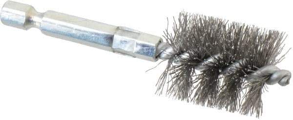 Schaefer Brush - 3/4 Inch Inside Diameter, 15/16 Inch Actual Brush Diameter, Carbon Steel, Power Fitting and Cleaning Brush - 1/4 Shank Diameter, 3-1/8 Inch Long, Hex Shaft Stem, 7/8 Inch Refrigeration Outside Diameter - Apex Tool & Supply