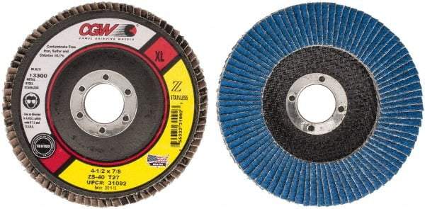 Camel Grinding Wheels - 40 Grit, 4-1/2" Disc Diam, 7/8" Center Hole, Type 27 Zirconia Alumina Flap Disc - 13,300 Max RPM, Polyester Backing, Arbor Attaching System, Coated - Apex Tool & Supply