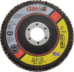 Camel Grinding Wheels - 40 Grit, 4-1/2" Disc Diam, 7/8" Center Hole, Type 27 Zirconia Alumina Flap Disc - 13,300 Max RPM, Polyester Backing, Arbor Attaching System, Coated - Apex Tool & Supply