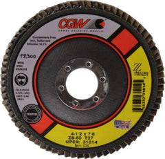 Camel Grinding Wheels - 60 Grit, 4-1/2" Disc Diam, 7/8" Center Hole, Type 27 Zirconia Alumina Flap Disc - 13,300 Max RPM, Polyester Backing, Arbor Attaching System, Coated - Apex Tool & Supply