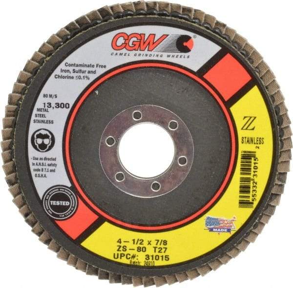 Camel Grinding Wheels - 80 Grit, 4-1/2" Disc Diam, 7/8" Center Hole, Type 27 Zirconia Alumina Flap Disc - 13,300 Max RPM, Polyester Backing, Arbor Attaching System, Coated - Apex Tool & Supply