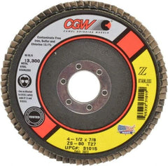 Camel Grinding Wheels - 80 Grit, 4-1/2" Disc Diam, 7/8" Center Hole, Type 27 Zirconia Alumina Flap Disc - 13,300 Max RPM, Polyester Backing, Arbor Attaching System, Coated - Apex Tool & Supply
