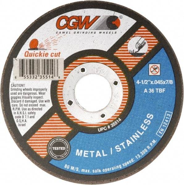 Camel Grinding Wheels - 7" 36 Grit Aluminum Oxide Cutoff Wheel - 1/16" Thick, 7/8" Arbor, 8,500 Max RPM - Apex Tool & Supply