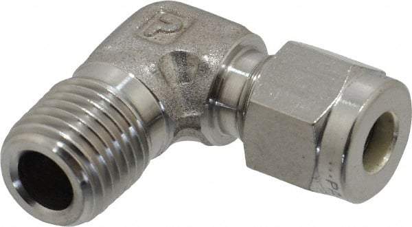 Parker - 1/4" OD, Stainless Steel Male Elbow - 0 to 1,200°F, 9/16" Hex, Comp x MNPT Ends - Apex Tool & Supply