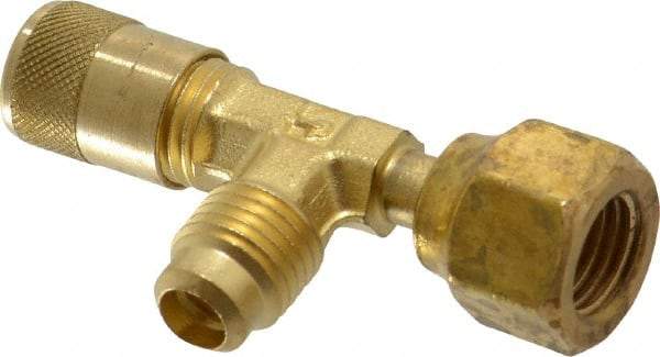 Parker - 500 Max psi, 1/4 Tube OD, Forged Flared Female Run Swivel Tee with Depressor Access Valve - Brass - Apex Tool & Supply