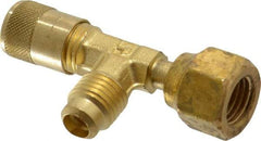 Parker - 500 Max psi, 1/4 Tube OD, Forged Flared Female Run Swivel Tee with Depressor Access Valve - Brass - Apex Tool & Supply