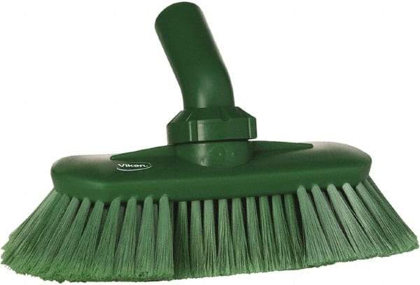 Vikan - 1-1/2" Bristle Length, Polyester Wash Brush - 7-3/4" Long x 3" Wide Head, 8" OAL, European Threaded Handle, Green, Polypropylene Block, Flagged - Apex Tool & Supply