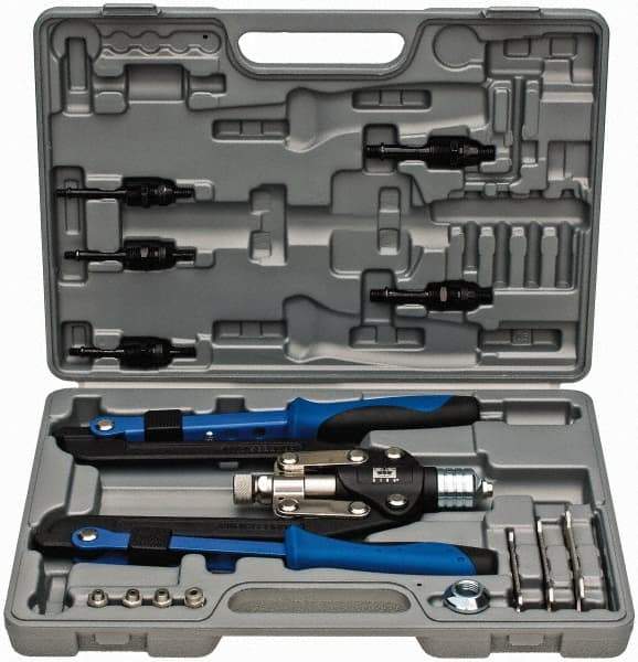 RivetKing - 1/8 to 1/4" Blind Rivet/Rivet Nut Tool Kit - Includes 5/32, 3/16, 1/4, #10-32, 1/4-20, 3/8-16, 5/16-18, Nose Pieces for Blind Rivets, Mandrels - Apex Tool & Supply