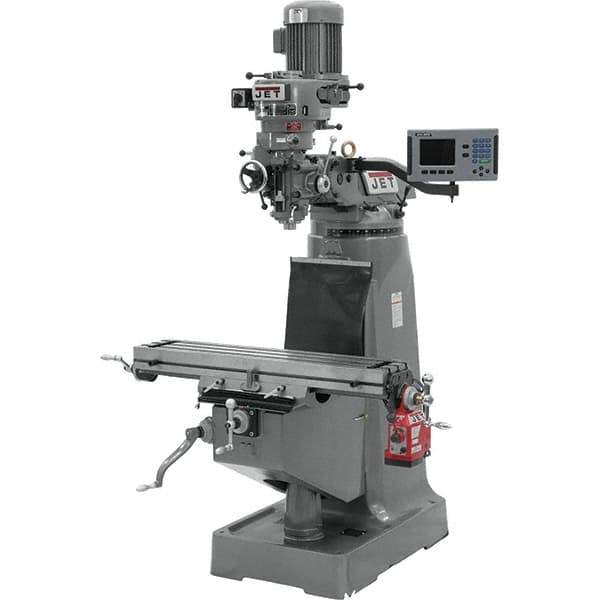 Jet - 9" Table Width x 42" Table Length, Step Pulley Control, 3 Phase Knee Milling Machine - R8 Spindle Taper, 2 hp - Apex Tool & Supply