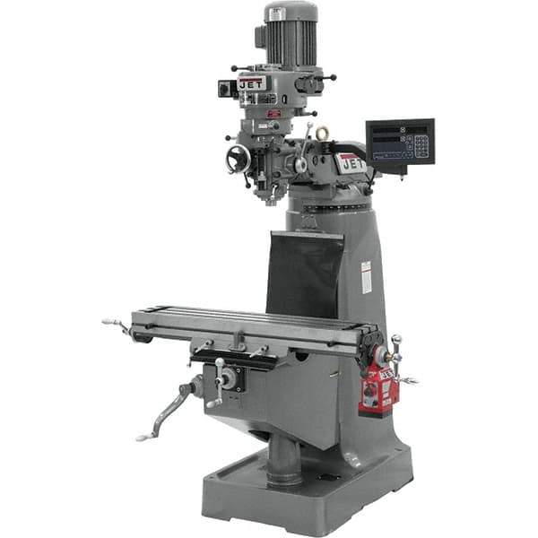 Jet - 9" Table Width x 42" Table Length, Step Pulley Control, 3 Phase Knee Milling Machine - R8 Spindle Taper, 2 hp - Apex Tool & Supply