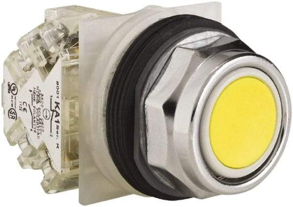 Schneider Electric - 30mm Mount Hole, Extended Straight, Pushbutton Switch with Contact Block - Yellow Pushbutton, Momentary (MO) - Apex Tool & Supply