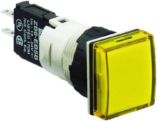 Schneider Electric - 12-24 VAC/VDC Yellow Lens LED Pilot Light - Square Lens, Quick Connect Connector, 18mm Wide, Vibration Resistant - Apex Tool & Supply