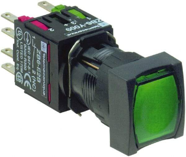 Schneider Electric - 16mm Mount Hole, Flush, Pushbutton Switch with Contact Block - Square, Green Pushbutton, Illuminated, Momentary (MO) - Apex Tool & Supply