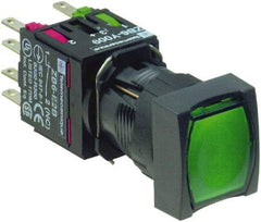Schneider Electric - 16mm Mount Hole, Flush, Pushbutton Switch with Contact Block - Square, Green Pushbutton, Illuminated, Momentary (MO) - Apex Tool & Supply