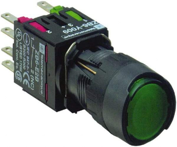 Schneider Electric - 16mm Mount Hole, Flush, Pushbutton Switch with Contact Block - Round, Green Pushbutton, Illuminated, Momentary (MO) - Apex Tool & Supply
