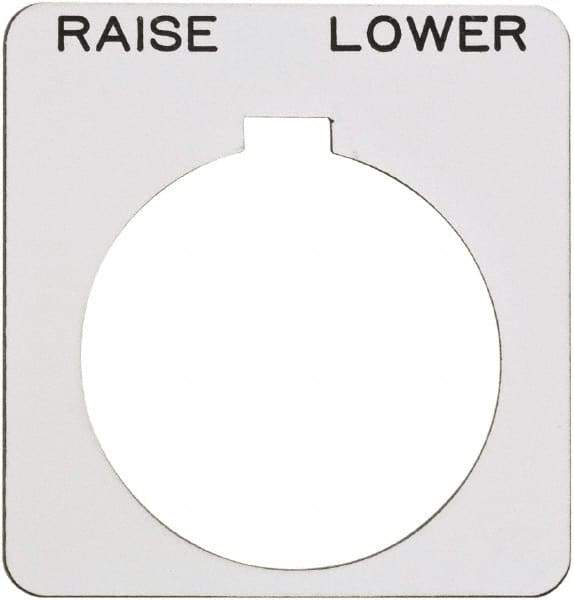 Schneider Electric - Square, Plastic Legend Plate - Raise-Lower - White Background, Black Letters, 1.22 Inch Hole Diameter, 1-3/4 Inch Square - Apex Tool & Supply