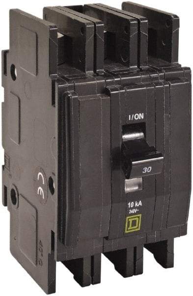 Square D - 30 Amp, 240 VAC, 3 Pole, DIN Rail Mounted, Flush Mount, Surface Mount Miniature Circuit Breaker - Thermal Magnetic Trip, 10 kA at 120/240 VAC Breaking Capacity, 14-2 (Aluminum), 14-2 (Copper) AWG, 74mm Deep x 103mm High x 19mm Wide - Apex Tool & Supply