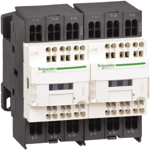 Schneider Electric - 3 Pole, 24 Coil VDC, 12 Amp at 440 VAC, Reversible IEC Contactor - 1 Phase hp: 1 at 115 VAC, 2 at 230/240 VAC, 3 Phase hp: 10 at 575/600 VAC, 3 at 200/208 VAC, 3 at 230/240 VAC, 7.5 at 460/480 VAC - Apex Tool & Supply