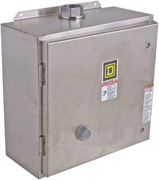 Square D - 110 Coil VAC at 50 Hz, 120 Coil VAC at 60 Hz, 27 Amp, NEMA Size 1, Reversible Enclosed Enclosure NEMA Motor Starter - 3 Phase hp: 10 at 460 VAC, 10 at 575 VAC, 7-1/2 at 200 VAC, 7-1/2 at 230 VAC, 4x Enclosure Rating - Apex Tool & Supply
