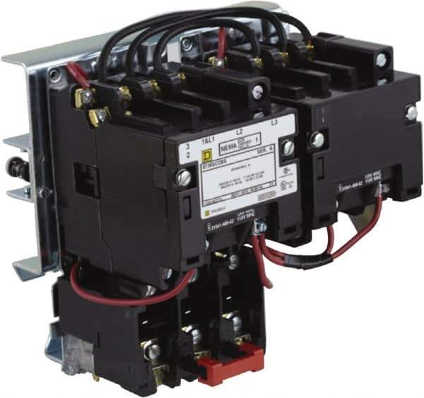 Square D - 220 Coil VAC at 50 Hz, 240 Coil VAC at 60 Hz, 27 Amp, NEMA Size 1, Reversible Open Enclosure NEMA Motor Starter - 1 Phase hp: 2 at 115 VAC, 3 at 230 VAC - Apex Tool & Supply