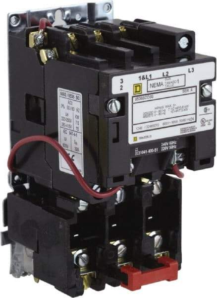 Square D - 277 Coil VAC at 60 Hz, 27 Amp, NEMA Size 1, Nonreversible Open Enclosure NEMA Motor Starter - 3 Phase hp: 10 at 460 VAC, 10 at 575 VAC, 7-1/2 at 200 VAC, 7-1/2 at 230 VAC - Apex Tool & Supply
