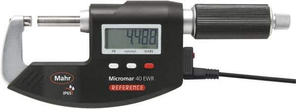 Mahr - 1 to 2" Range, 0.00005" Resolution, Standard Throat IP65 Electronic Outside Micrometer - Ratchet Stop Thimble, Carbide-Tipped Face, CR2032 Battery - Apex Tool & Supply