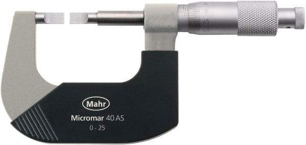 Mahr - 1" to 2" Mechanical Satin Chrome Coated Blade Micrometer - 0.0001" Graduation, 0.031" Blade Thickness, Ratchet Thimble, Rotating Spindle - Apex Tool & Supply
