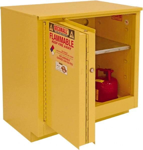 Securall Cabinets - 2 Door, 1 Shelf, Yellow Steel Under the Counter Safety Cabinet for Flammable and Combustible Liquids - 35-5/8" High x 35" Wide x 22" Deep, Sliding Door, 3 Point Key Lock, 24 Gal Capacity - Apex Tool & Supply