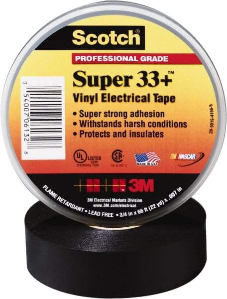 3M - 1-1/2" x 44', Black Vinyl Electrical Tape - Series 33, 7 mil Thick, Over 1000 V/mil Dielectric Strength, 17 Lb./Inch Tensile Strength - Apex Tool & Supply