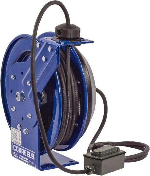 CoxReels - 12 AWG, 100' Cable Length, Cord & Cable Reel with Duplex GFCI Outlet Box End - 2 Outlets, NEMA 5-20R, 20 Amps, 115 Volts, SJO Cable, Blue Reel, Spring Driven Reel - Apex Tool & Supply