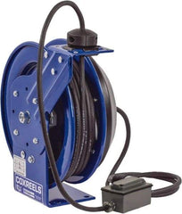 CoxReels - 12 AWG, 50' Cable Length, Cord & Cable Reel with Duplex GFCI Outlet Box End - 2 Outlets, NEMA 5-20R, 20 Amps, 115 Volts, SJO Cable, Blue Reel, Spring Driven Reel - Apex Tool & Supply