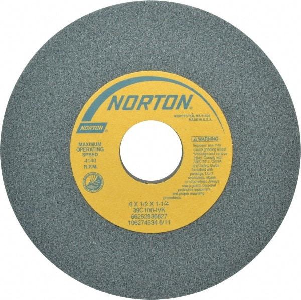 Norton - 6" Diam x 1-1/4" Hole x 1/2" Thick, I Hardness, 100 Grit Surface Grinding Wheel - Silicon Carbide, Type 1, Fine Grade, 4,140 Max RPM, Vitrified Bond, No Recess - Apex Tool & Supply