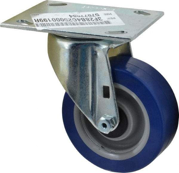 E.R. Wagner - 4" Diam x 1-1/2" Wide x 5-3/8" OAH Top Plate Mount Swivel Caster - Polyurethane, 375 Lb Capacity, Roller Bearing, 3-3/4 x 4-5/8" Plate - Apex Tool & Supply