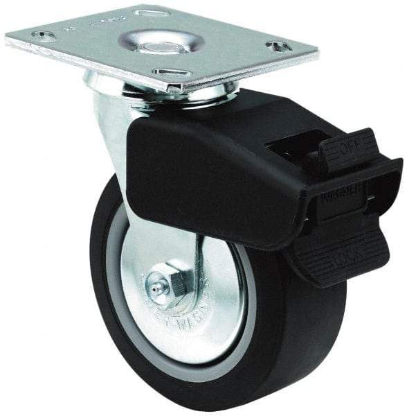 E.R. Wagner - 6" Diam x 2" Wide x 7-1/2" OAH Top Plate Mount Swivel Caster with Brake - TPR, 400 Lb Capacity, Roller Bearing, 4 x 4-1/2" Plate - Apex Tool & Supply