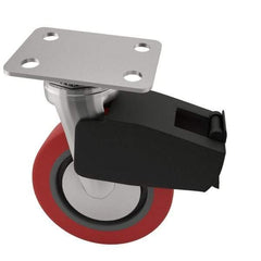 E.R. Wagner - 4" Diam x 2" Wide x 5-5/8" OAH Top Plate Mount Swivel Caster with Brake - Polyurethane, 600 Lb Capacity, Roller Bearing, 2-3/4 x 3-3/4" Plate - Apex Tool & Supply