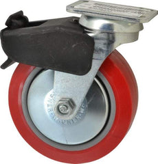 E.R. Wagner - 6" Diam x 2" Wide x 7-1/2" OAH Top Plate Mount Swivel Caster with Brake - Polyurethane, 700 Lb Capacity, Roller Bearing, 2-3/4 x 3-3/4" Plate - Apex Tool & Supply