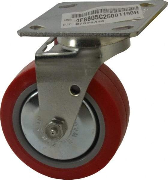 E.R. Wagner - 5" Diam x 2" Wide x 6-1/2" OAH Top Plate Mount Swivel Caster - Polyurethane, 650 Lb Capacity, Roller Bearing, 4 x 4-1/2" Plate - Apex Tool & Supply