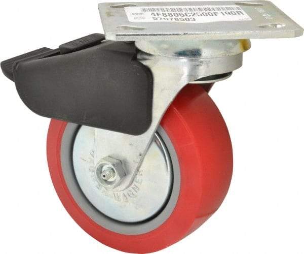 E.R. Wagner - 5" Diam x 2" Wide x 6-1/2" OAH Top Plate Mount Swivel Caster with Brake - Polyurethane, 650 Lb Capacity, Roller Bearing, 4 x 4-1/2" Plate - Apex Tool & Supply