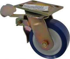 E.R. Wagner - 5" Diam x 2" Wide x 6-1/2" OAH Top Plate Mount Swivel Caster with Brake - Polyurethane, 750 Lb Capacity, Delrin Bearing, 4 x 4-1/2" Plate - Apex Tool & Supply